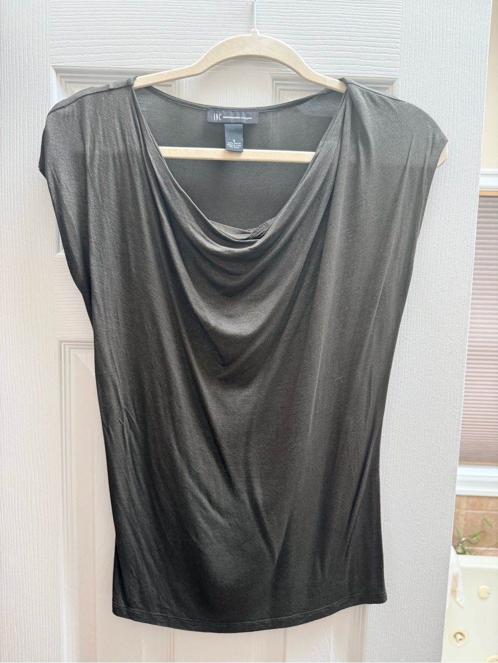 INC International Concepts Olive Green Draped Cowl Neck Short Sleeve Top